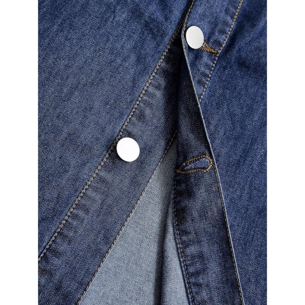 Women Denim Shirt Dress V Neck Short Sleeve A-Line Pockets Casual Blue - Picture 5 of 7